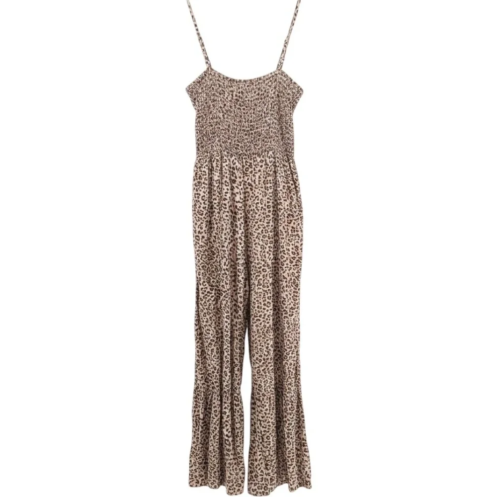 Japna Jumpsuit Leopard Print Smocked Small Brown Womens Boho Animal Print NWT